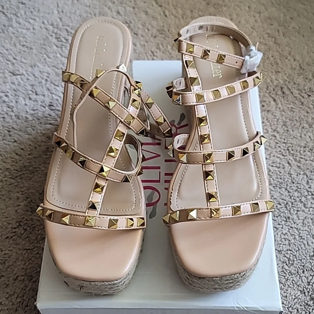 Olivia Miller Nude Tan Studded Espadrille Wedge Sandals
